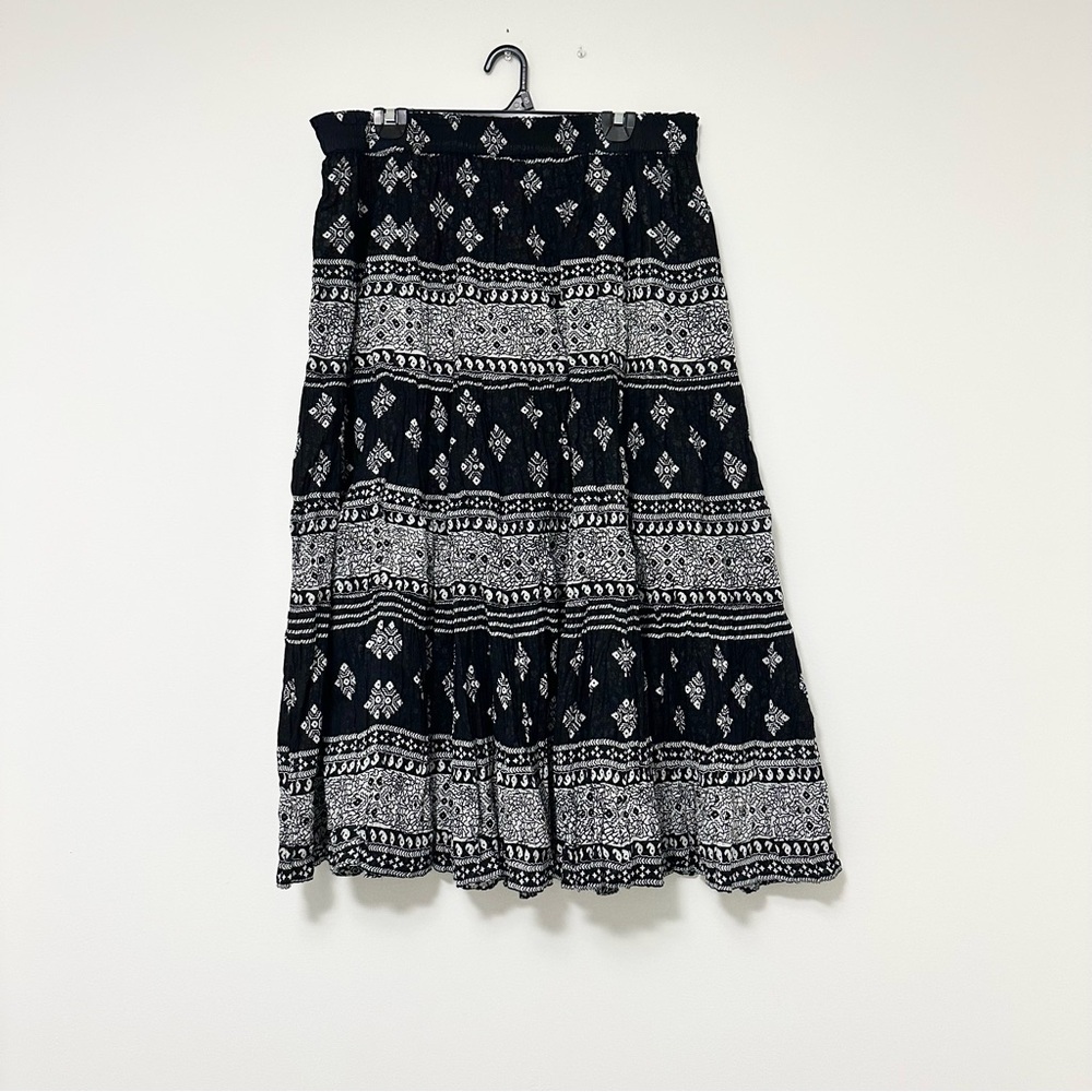 REVERSIBLE Black & White Patterned Boho Tiered Maxi Skirt with Smock Waist XL